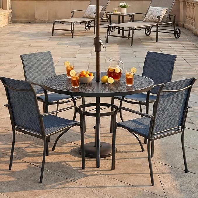Round Metal Mesh Patio Dining Table for 4, 42" Black Electroplated Steel Outdoor Dining Furniture Table with Umbrella Hole, Rust-Resistant Patio Furniture for Backyard, Porch, Deck