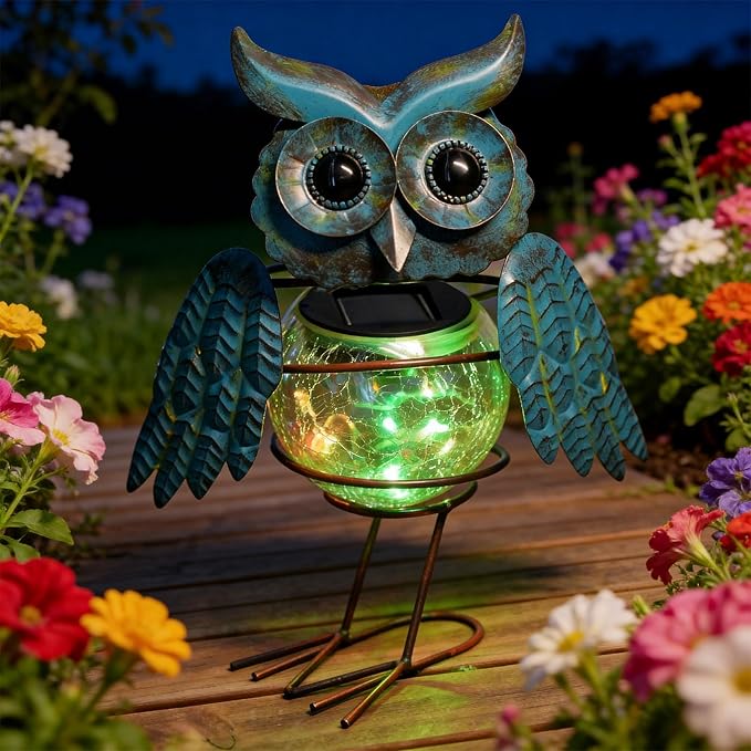 HONGLAND Solar Lights Outdoor Garden Owl Decor, Vibrant Blue Owl Solar Light Outdoor Waterproof with Glowing Crackle Glass Globe, Metal Yard Art Statue for Lawn Porch Patio Outside Garden Decor Gifts
