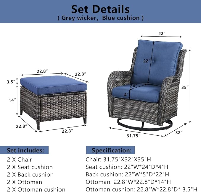 Belord Outdoor Swivel Chairs Set of 2,Patio Wicker Rocker Chairs with Ottomans, All Weather Patio Conversation Furniture Set, Ideal for Porch Balcony Deck Yard, Gray Wicker/Blue