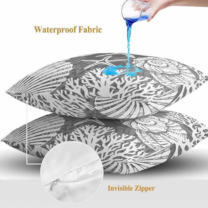 Outdoor Pillow Covers 24x24 Inch Set of 2, Grey Starfish Coastal Waterproof Throw Pillow Covers, Summer Coral Shell Beach Nautical Decorative Cushion Pillowcases for Couch, Sofa, Bed, Garden, Patio