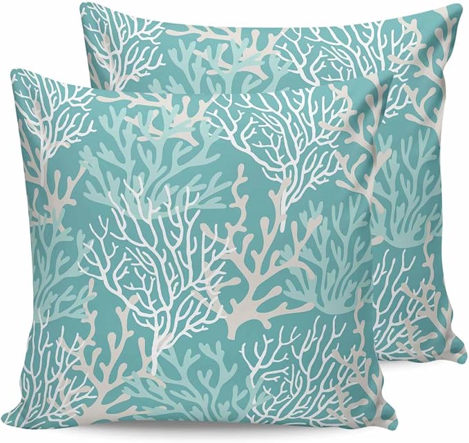 Outdoor Waterproof Throw Pillow Covers Set of 2 Turquoise Coral Pillowcases 18x18 Inches Nautical Coastal Marine Life Patio Decorative Pillows Cushion Case Patio Pillows for Couch Bed Chair Garden
