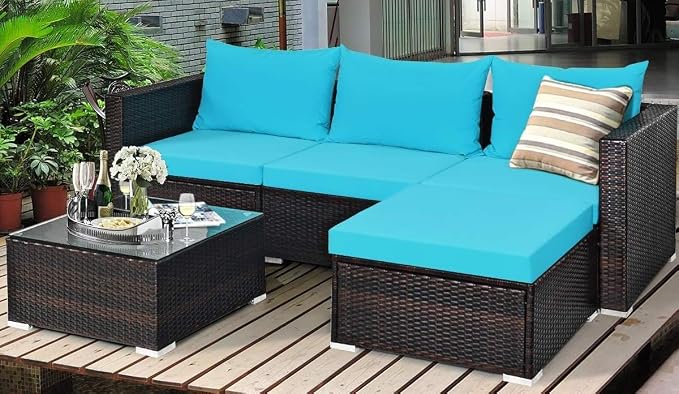 HAPPYGRILL 5-Pieces Patio Conversation Set Rattan Wicker Sectional Sofa Set with Coffee Table Outdoor Furniture Set with Cushions for Lawn Garden Porch