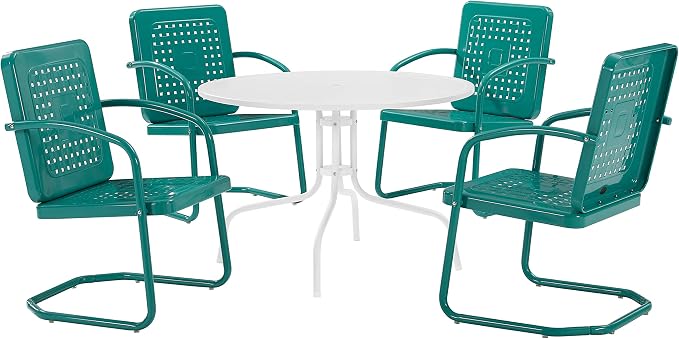Crosley Furniture Bates 5-Piece Outdoor Dining Set for 4, Retro Metal Round Patio Table and Chairs for Deck, Turquoise Gloss