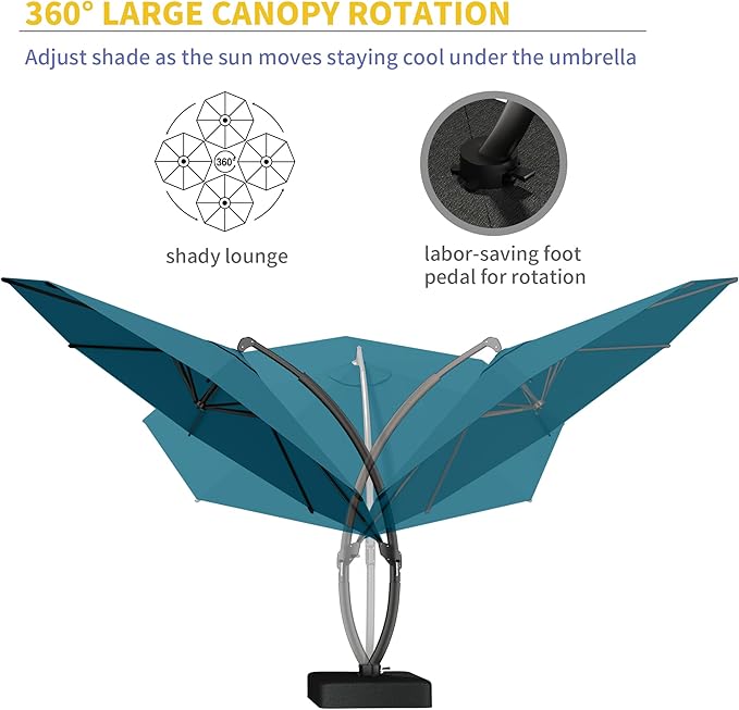 Kingdura 12ft Offset Cantilever Patio Umbrella with Base Included, Large Round Aluminum Outdoor Umbrella, 360° Rotation & Infinite Tilt, Heavy Duty Frame for Deck Pool Backyard, Lake Blue