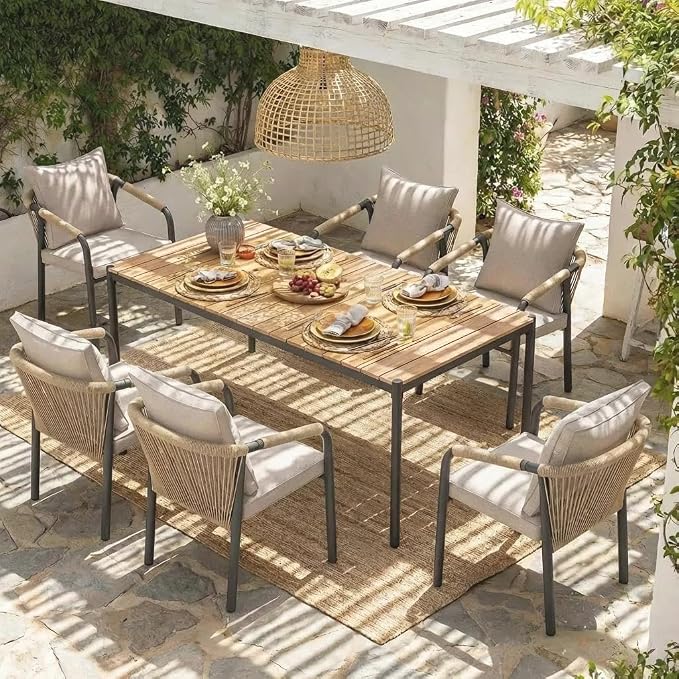 SUNSITT 7 Piece Outdoor Patio Dining Set, Patio Dining Furniture Set with 70” Metal Dining Table w/WPC Tabletop and 6 Woven Rope Patio Chairs w/Curved Armrest for Garden, Beige