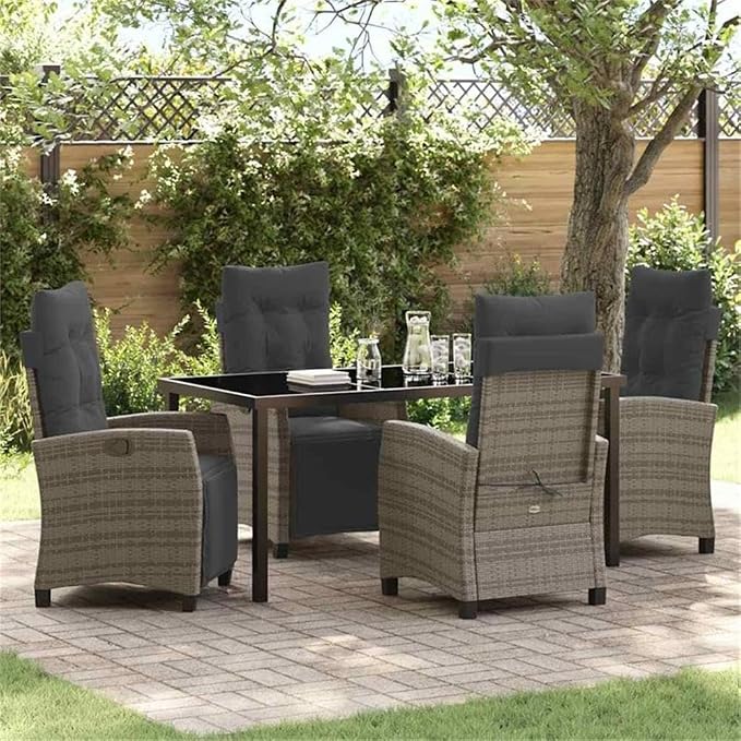 Afuera Living 5 Piece Poly Rattan Garden Dining Set, Gray Woven Texture, Steel Frame, Glass Top Table, Cushioned Chairs with Multi-Position Backrest, Modern Outdoor Furniture for Patio or Garden