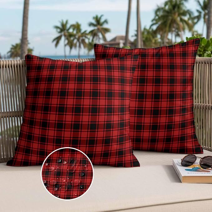 Red Black Plaid Waterproof Outdoor Pillow Covers Set of 2 Home Decor Vintage Farmhouse Abstract Buffalo Check Pillowcase Patio Pillow Covers for Couch Bench Furniture Garden 26x26in
