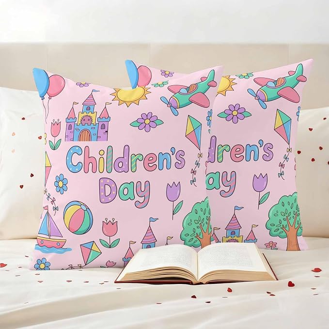 Pack of 2 Children's Day Outdoor Pillow Covers Decorative, Waterproof Pillow Protector, Airplanes Sailing Boats Tree Cartoon Pink Throw Pillowcases Accent Cushion Cases for Patio Couch Sofa 26"x26"