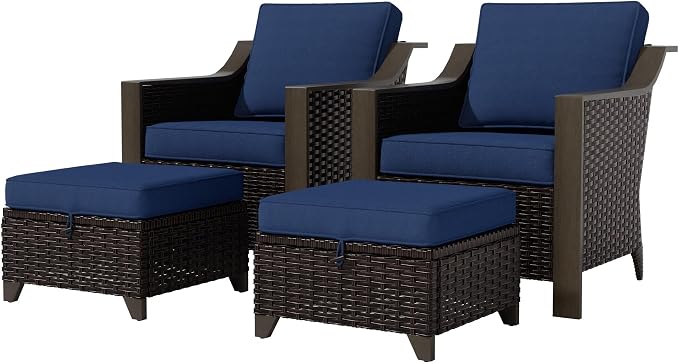 4 Piece Wicker Patio Conversation Set, All-Weather Use Outdoor 2 PE Rattan Chair, 2 Ottoman, Removable Water-Resistant Cushion, Ideal for Porch, Backyard, Balcony, Poolside, Blue