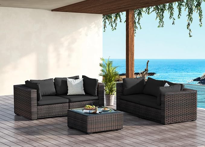 Patio Furniture Set 5 Piece All Weather PE Rattan Outdoor Sectional Sofa Couch with 4 x arm Sofa, No-Slip Cushions and Glass Top Table for Garden, Poolside, Backyard (Black)