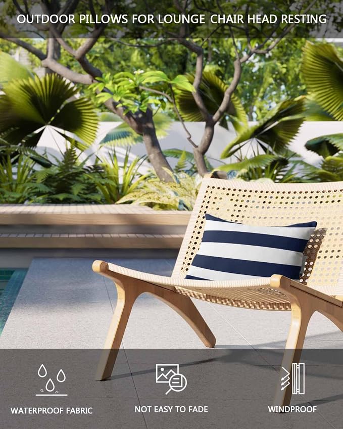 Outdoor Pillow for Chaise Lounge Chair, Simple Stripe Pattern Blue and White Waterproof Headrest Pillow Lumbar Pillows with Adjustable Elastic Strap for Beach, Poolside, Patio, Office (2 Pack)