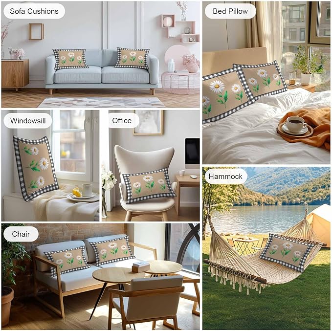 YOKOU Waterproof Throw Pillow Covers, Daisy Flowers Black White Buffalo Check Plaid Decorative Pillowcase Soft Cushion Case for Patio Couch Tent Balcony, Set of 2 Rectangle, 20"X12"