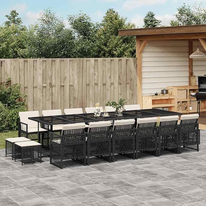 17-Piece Outdoor Dining Set, Black Poly Rattan Table and Chairs with Cream Cushions, Weather-Resistant Patio Furniture for Backyard Garden Gatherings