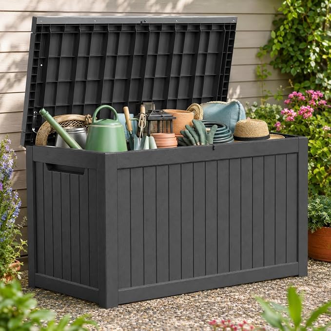 Outdoor Deck Patio Storage Box - 280 Gallon Large Outdoor Deck Box, Plastic Storage Bin with Lid, Outside Toy Box & Pool Storage Container for Cushions, Garden Tools, Towel, Black
