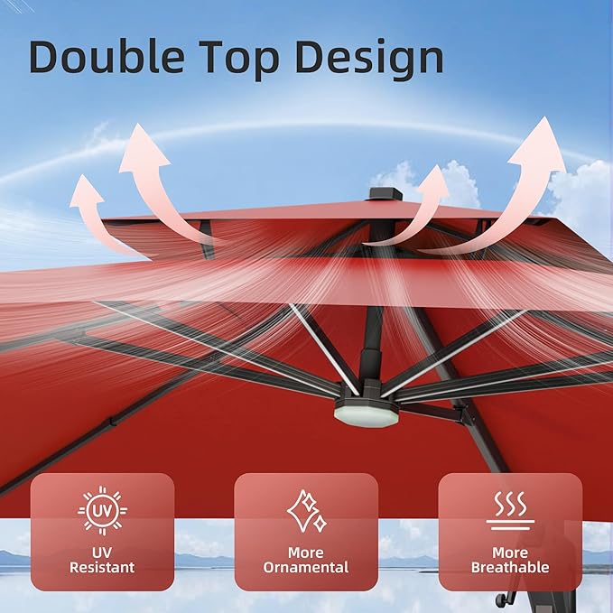 10x13 FT Patio Umbrella with Weighted Base and LED Lights Cantilever Outdoor Large Heavy Duty Rectangle Aluminum Offset Umbrellas Double Top 360 Rotation for Pool Deck Garden, Red