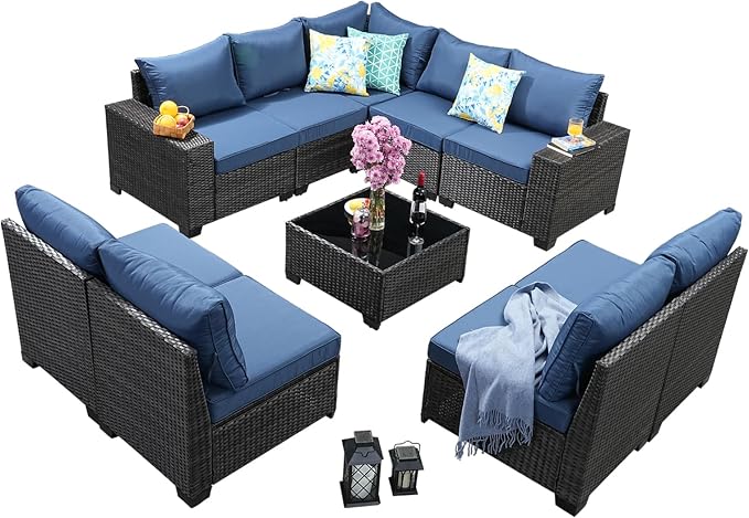 10 Pieces Patio Furniture Set, Wicker PE Rattan Outdoor Sectional with Cushion & Coffee Table, Patio Conversation Sofa for Garden, Backyard, Poolside, Navy