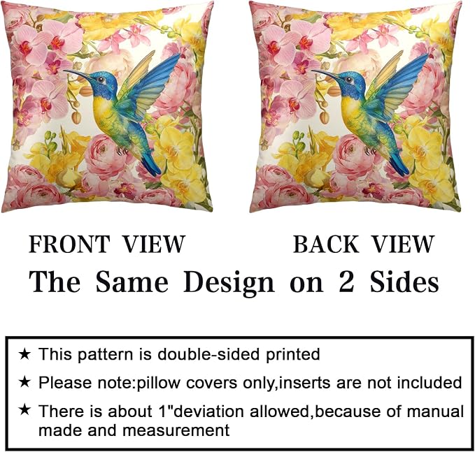 Spring Pillow Covers 22x22 Set of 2 Hummingbird Throw Pillow Covers Pink Yellow Moth Orchid Buttercup Floral Pillow Case for Home Decor Couch Sofa