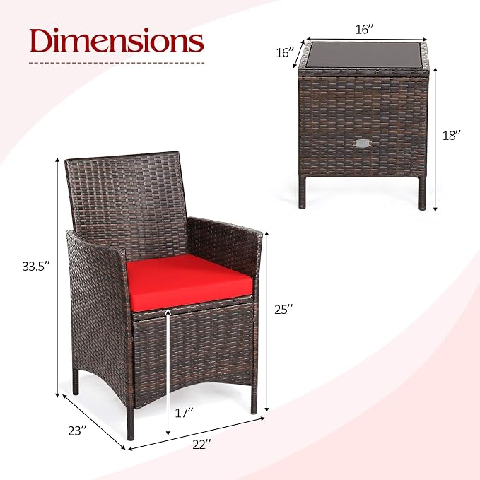 COSTWAY 3 Pieces Patio Rattan Furniture Set, Outdoor Wicker Cushioned Sofa with Tempered Glass Tabletop, Rattan Conversation Set for Porch Yard Balcony Backyard Pool, Red