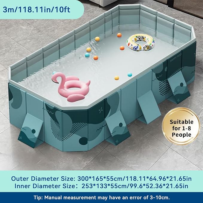 Foldable Swimming Pool, Rectangular Above Ground Swimming Pool for Outdoor Family Square Pool with Drain Plug and Drain Hole, Easy to Assemble Pool for Kids, Pets and Dogs(116" L x 65" W)