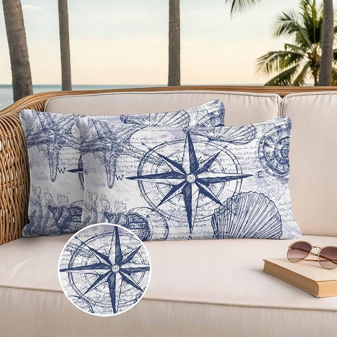 Vintage Nautical Outdoor Waterproof Throw Pillow Covers Set of 2, 20"x12", Summer Navy Blue Compass Shell Starfish Map Decorative Pillow Covers Outside Cushion Case for Patio Porch Garden