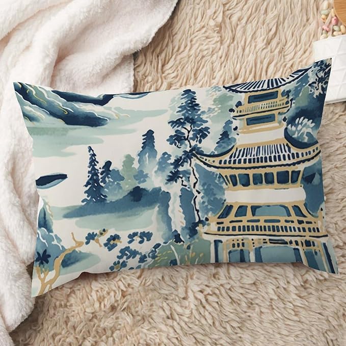 Lumbar Throw Pillow Cover Blue and White Chinoiserie Pagoda Asian Pillows Classic Ming Rain Chinoiserie Pillow Cover Accent Outdoor Garden Decoration for for Couch Sofa 12x20in