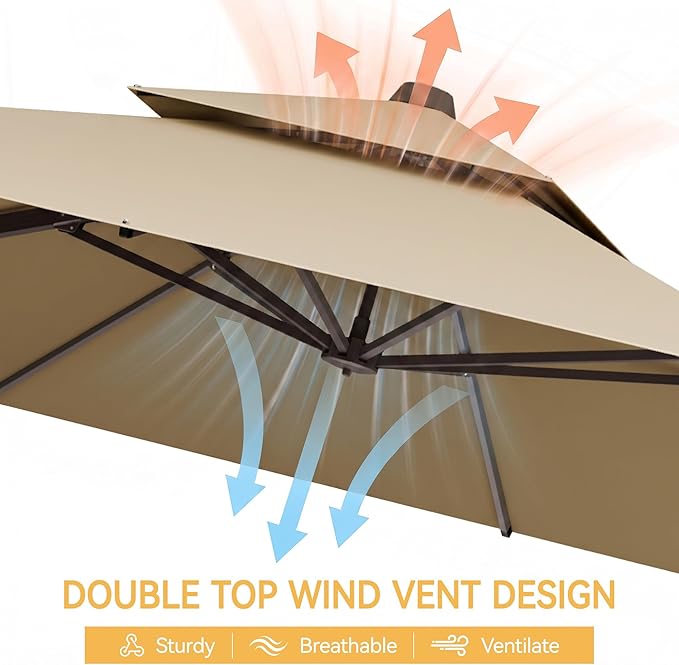 10x13 FT Patio Cantilever Umbrella (Base Not Included) (Base Not Included), Rectangular Heavy Duty Offset Umbrella for 8-10 People, 360°Rotation & Mult Tilt, Double Top Design, for Pool Garden Deck (Tan)