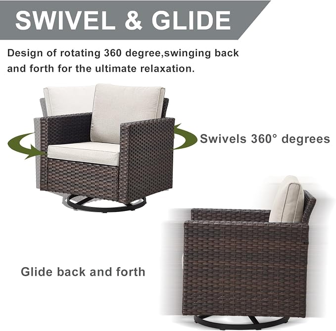 HUMMUH Patio Furniture Set with Fire Pit Table,7 Piece Wicker Outdoor Conversation Sets -Outdoor Swivel Rocker Chairs Patio Sofa for Porch,Garden,Backyard