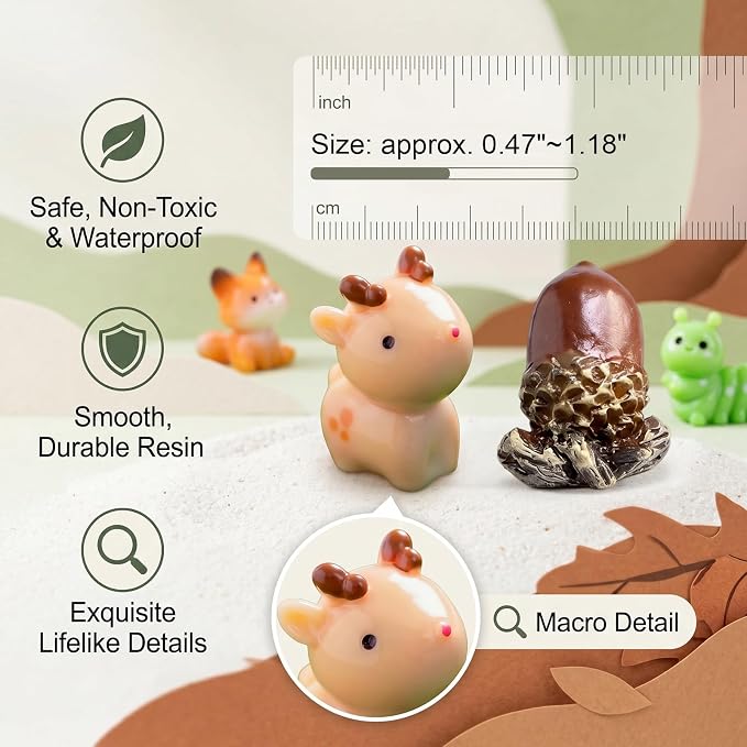 Zerobe 40Pcs Mini Forest Animal Figurines: Resin Fairy Garden Accessories | 40 Unique Resin Forest Animal Figurines: Small miniature garden figurines for DIY crafts, terrarium decor & mini displays.