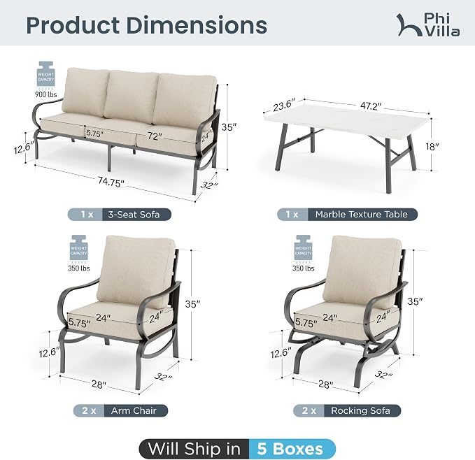 PHI VILLA 6 Piece Patio Furniture Sets with 1 x 3 Seater Padded Deep Seating Bench, 2 x C-Base Cushioned Sofa Chairs, 2 x Leg Sofa Chairs and 1 x Coffee Table, Outdoor Metal Furniture Set for 7