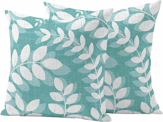 Teal Green Leaves Outdoor Waterproof Throw Pillow Covers 20x20 Set of 2, Farmhouse Botanical Branch Vintage Boho Leaf Decorative Pillowcases Cushion Pillowcase for Couch Sofa Patio Pillow Protector
