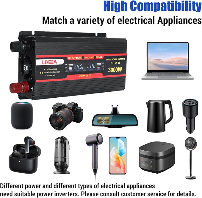 3000 Watt Power Inverter with LED Display,Dual AC Outlets,USB Port, 24V DC to 110V AC Converter Car Power Inverter for Vehicles, Car, RV, Truck, Off Grid Solar System, Outdoor Camping