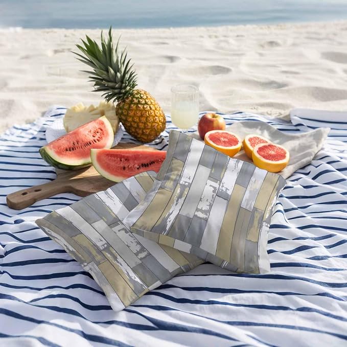 Yellow Gray Outdoor Pillow Covers 16x16 Inch Throw Pillow Covers Set of 2 Waterproof Decorative Pillow Cases Rustic Vintage Shabby Mottled Wood Grain Cushion Covers for Patio Furniture Garden Couch