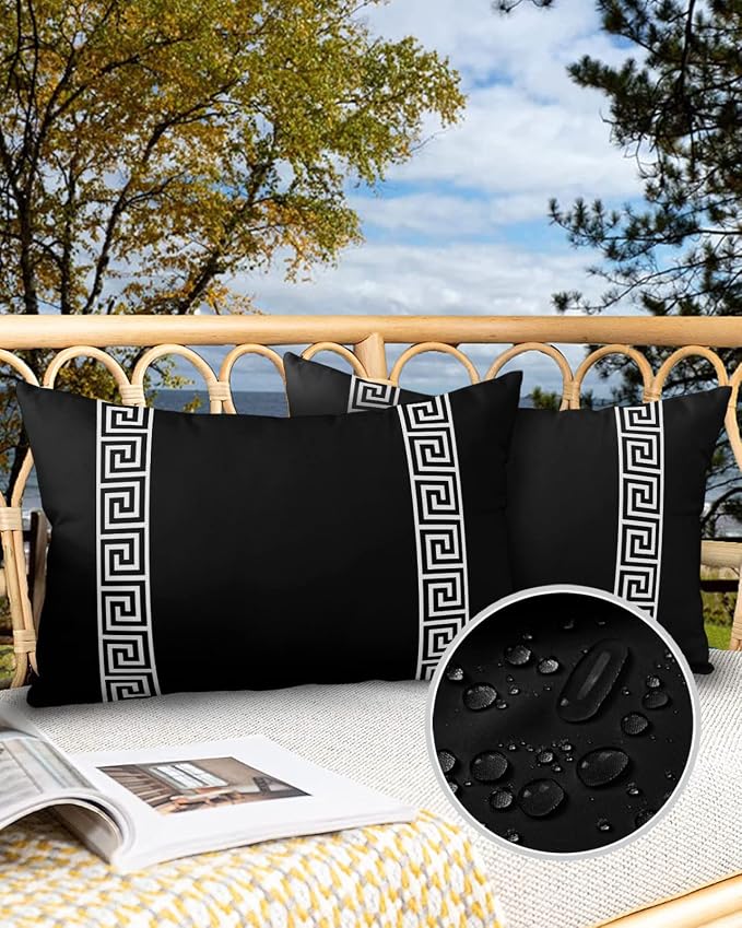 Funy Decor Waterproof Outdoor Throw Pillow Cover Geometric Greek Key Design Lumbar Pillowcases Set of 2 Black Decorative Patio Furniture Pillows for Couch Garden 20x12 inch