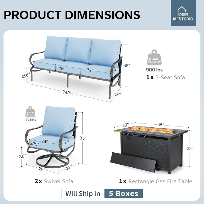 MFSTUDIO 4 Pieces Patio Conversation Sets, All Weather Metal Frame Outdoor Furniture Set Patio Sofas with 1 x 45 Rectangular Propane Fire Table, 1 x 3-Seat Sofa, 2 x Swivel Chairs, Blue Cushion