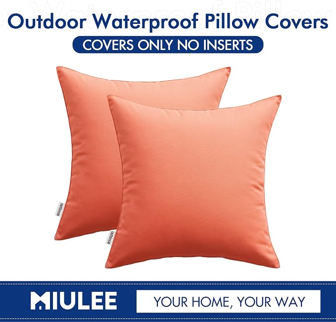 MIULEE Decorative Outdoor Waterproof Pillow Covers 18x18 Coral Red | Decorative Patio Furniture,Pack of 2,Accent Square Soild Throw Pillow Covers,Summer Garden Tent Couch Sofa
