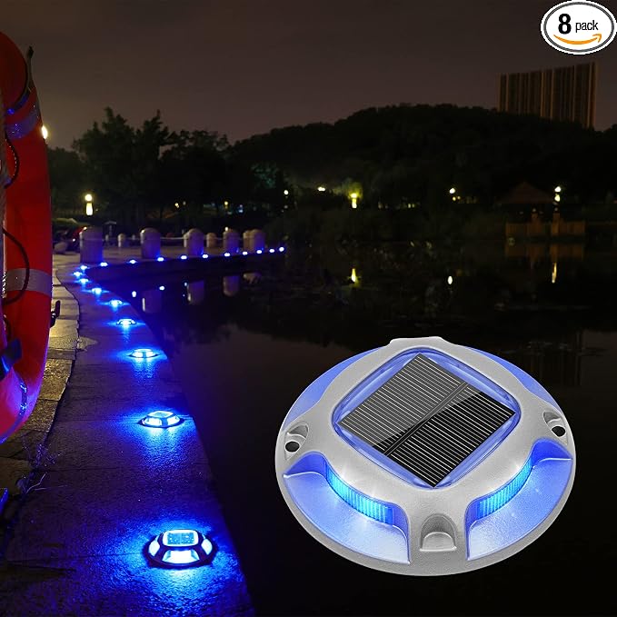 VOLISUN Solar Driveway Marker Lights Dock Marine Led Deck Outdoor 8 Pack | 2 Colors in 1,Solar Powered Waterproof Warning Step Lights for Pathway Garden Sidewalk Walkway (Blue/White)