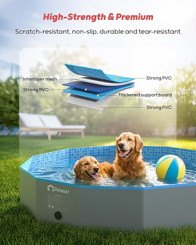 Peteast Foldable Dog Pool with 2 Flying Disks, Durable Hard Plastic Dog Swimming Pools for Large Dogs, Collapsible Pet Pool for Backyard & Indoor, Ideal Kiddie Pools for Dogs and Kids, 87 in