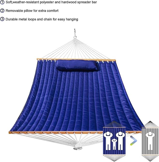 SZHLUX Outdoor Quilted Fabric Hammock with Spreader Bars and Detachable Pillow and Chains,Outdoor Patio Backyard Poolside, 450 LBS Weight Capacity Navy Blue