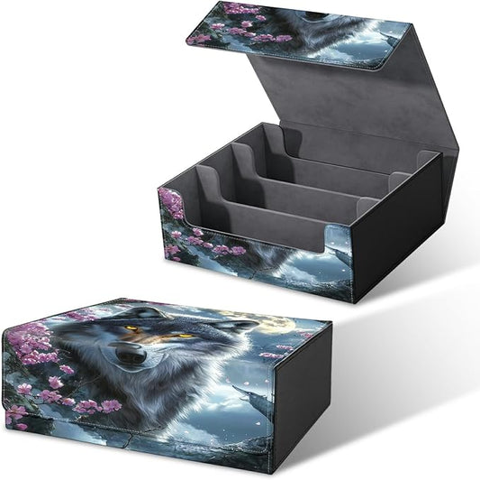 Large Card Deck Box for MTG, Fits 1200+ Sleeved Cards, PU Leather Storage Case with Strong Magnetic Closure, Multiple Colors for TCG CCG Baseball Card Collections, Cherry Blossom Gray Wolf