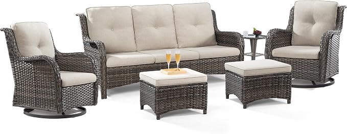 Wicker Patio Furniture Set 6 Piece Set with 1 Three-Seat Sofa, 2 Swivel Rocker Chairs, 2 Ottomans and 1 Side Table, Outdoor Furniture Patio Conversation Sets(Mixed Grey/Beige)