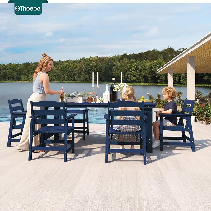 THOEOE 5 Piece Outdoor Dining Set, Patio Dining Table and 4 Chairs, All-Aluminum Frame, All-Weather HDPE Outdoor Furniture with Umbrella Hole for Garden, Lawn, Poolside, Navy Blue