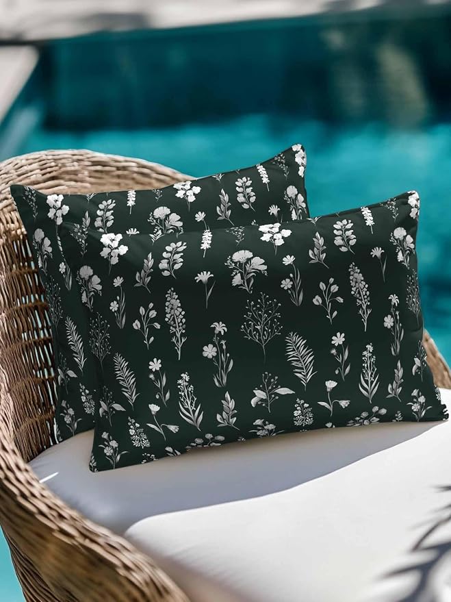 Outdoor Pillows with Inserts Set of 2 12x20, Dark Green Wildflowers Waterproof Outdoor/Indoor Throw Pillows, Farmhouse Botanical Garden Floral Decorative Pillow for Bed Couch Sofa Patio Furniture