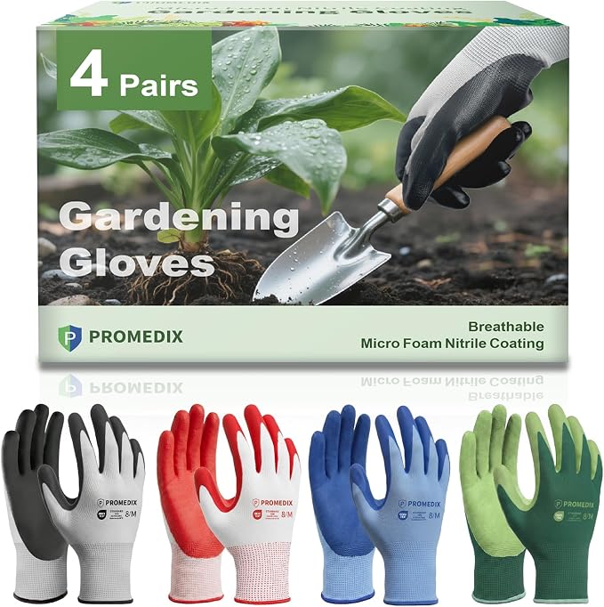 PROMEDIX P 4 Pairs Gardening Gloves for Women & Men, Breathable Nitrile Coated for Yard Working Garden Gloves Washable