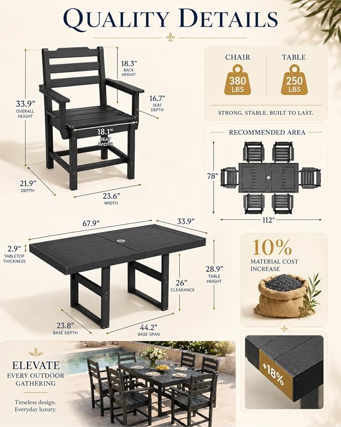 WACASA 7-Piece HDPE Outdoor Dining Set for 6, All-Weather Faux Wood Patio Table and Chairs with 2" Umbrella Hole, Steel-Reinforced Outside Furniture, Black