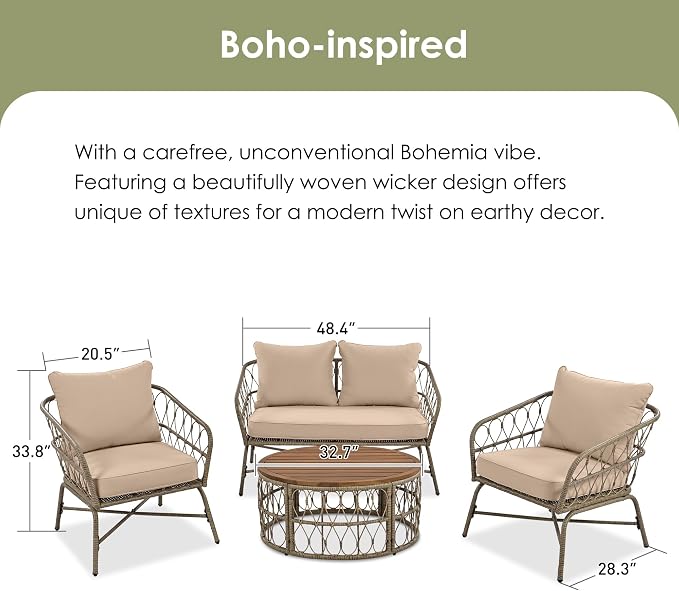 Boho 4 Person Outdoor Seating Group with Wicker and Acacia Wood Table, Patio Conversation Set with Removable Cushions, 4 Piece Outdoor Couch Set for Garden, Backyard, Poolside, Beige