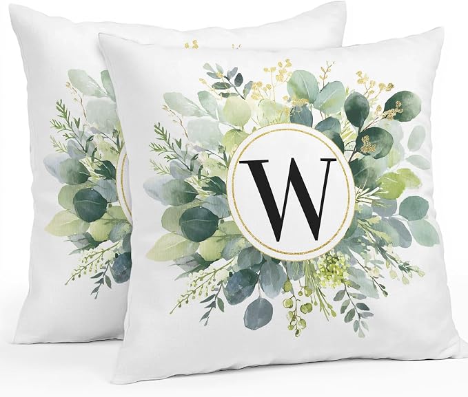 Letter W Waterproof Outdoor Pillow Covers Set of 2 Home Decor, Alphabet Green Eucalyptus Leaves Pillowcase Patio Pillow Covers for Couch Bench Patio Furniture Garden 26x26in
