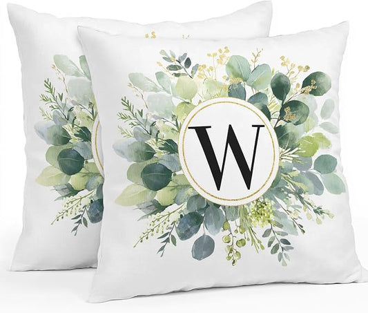 Letter W Waterproof Outdoor Pillow Covers Set of 2 Home Decor, Alphabet Green Eucalyptus Leaves Pillowcase Patio Pillow Covers for Couch Bench Patio Furniture Garden 26x26in