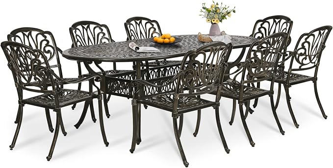 9-Piece Patio Dining Set, Outdoor Patio Table and Chair Set of 84” Oval Cast Aluminum Dining Table with Umbrella Hole and 8 Outdoor Dining Chairs, Patio Funiture Set for Lawn Garden
