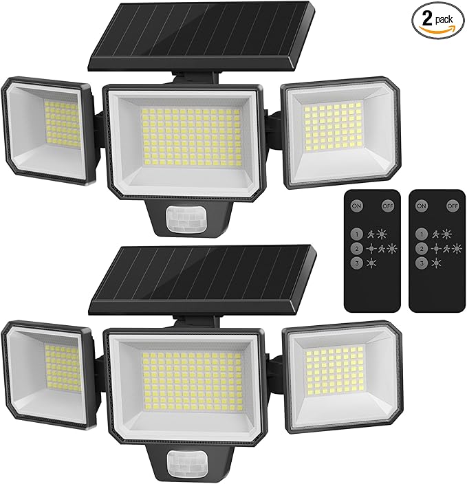 Solar Motion Sensor Lights with Remote Control, IP65 Waterproof LED Solar Wall Lights, Solar Flood Security Light with 3 Modes for Porch Garage Garden Yard Patio (Black, 2 Pack)