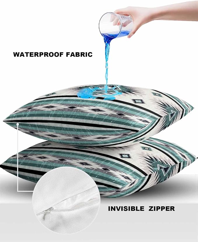 Outdoor Waterproof Throw Pillow Covers Set of 2 Turquoise Boho Aztec Pillowcases 20x20 Inches Southwest Tribal Geometric Patio Decorative Pillows Cushion Case Patio Pillows for Couch Bed Chair Garden